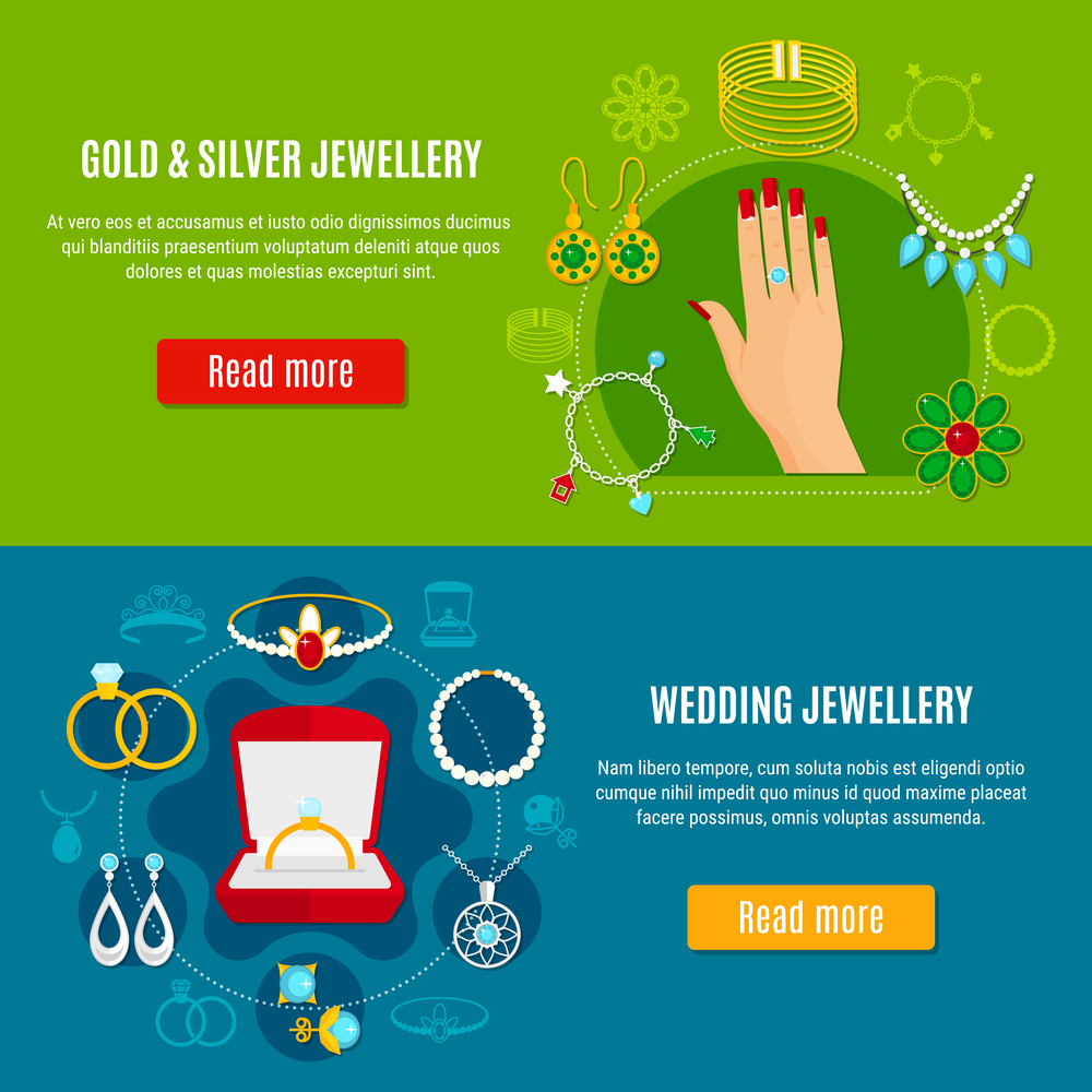 Gold and silver jewelry horizontal banners with wedding decorations on blue and green backgrounds isolated vector illustration. Gold And Silver Jewelry Banners
