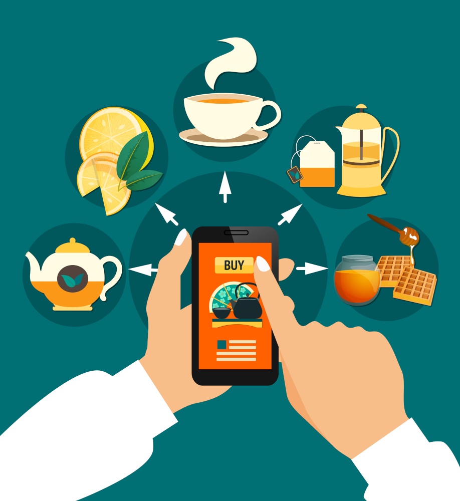 Tea buying online composition with smartphone in hands, cup, teapots, honey, lemon on green background vector illustration. Tea Buying Online Composition