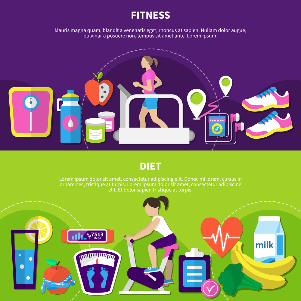 Fitness horizontal banners with women at exercise equipment, diet nutrition, sport app and devices isolated vector illustration  . Fitness Horizontal Banners