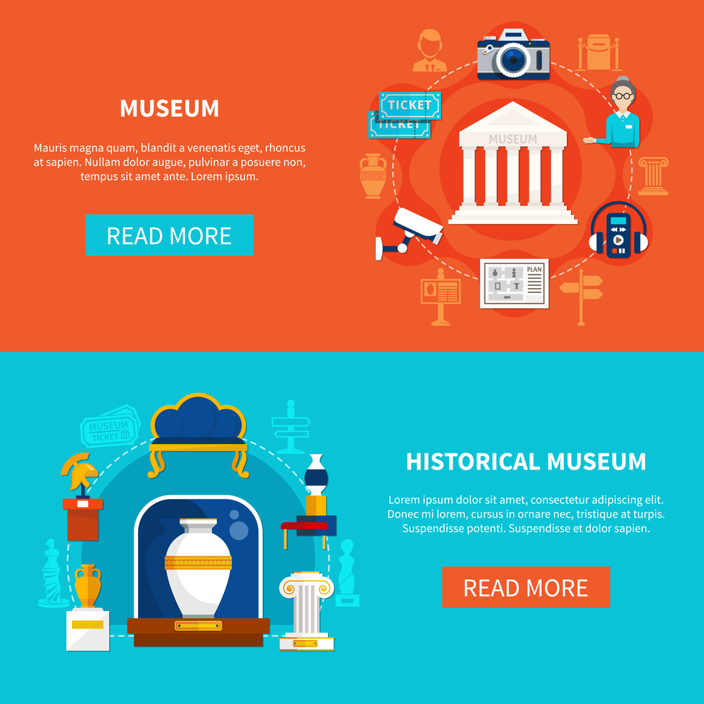 Flat horizontal banners on museum theme with historical artifacts guide accessories and exhibition equipment vector illustration . Museum Flat Horizontal Banners