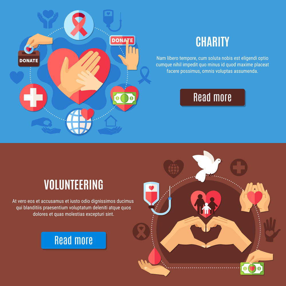 Charity horizontal banners collection with read more button editable text and volunteering pictograms with silhouette icons vector illustration. Love Donates Banners Set