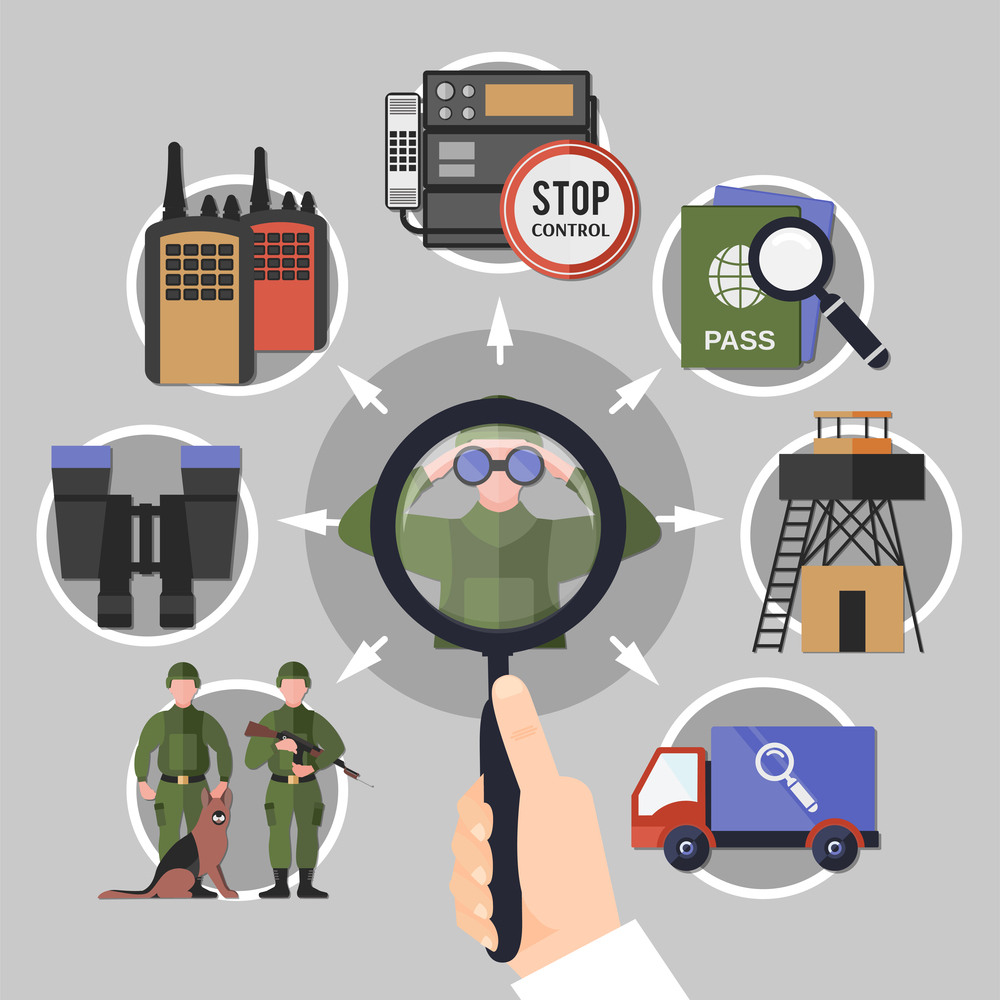 Flat design border guard stop control service concept on grey background vector illustration. Border Guard Concept