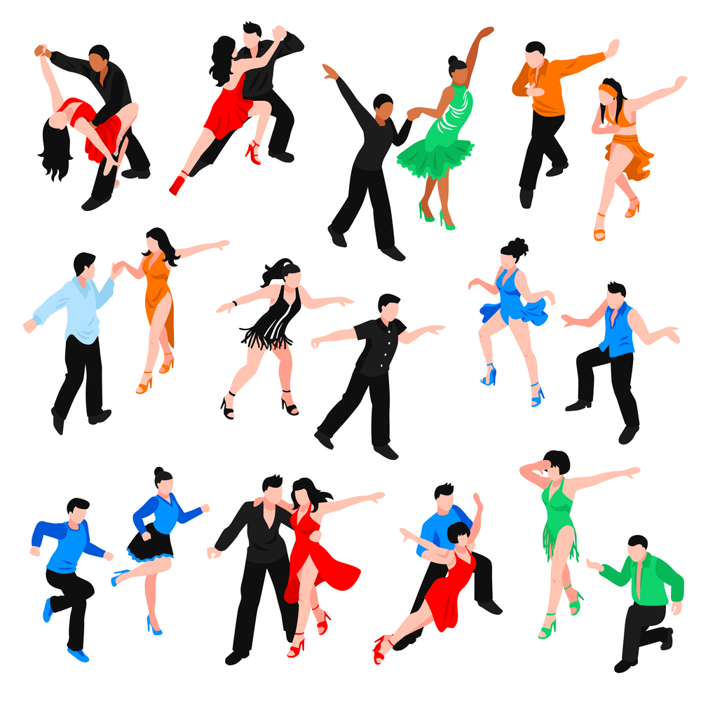 Set of isometric people in bright costumes during latin dances salsa, rumba, samba isolated vector illustration. Dances Isometric People Set