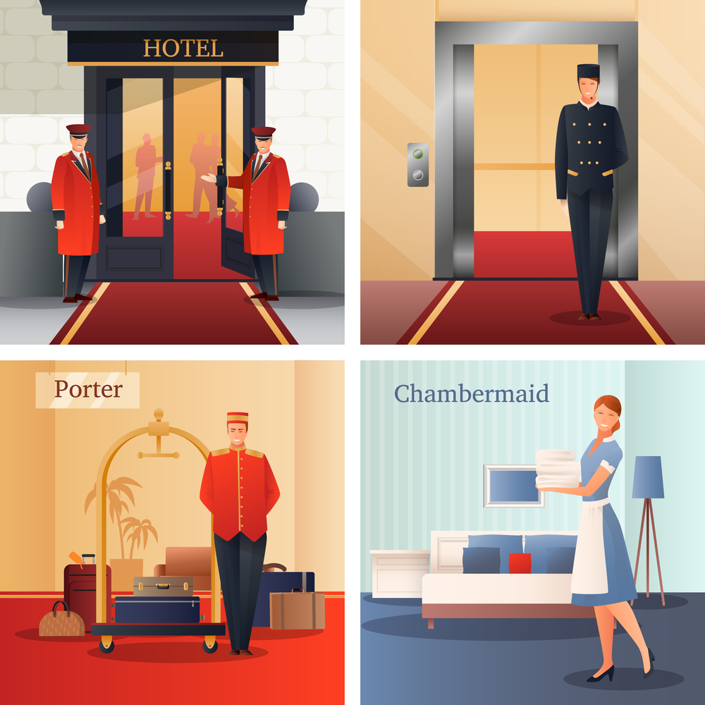 Hotel staff flat gradient design concept with doormen, elevator operator, porter with baggage, maid isolated vector illustration. Hotel Staff Design Concept