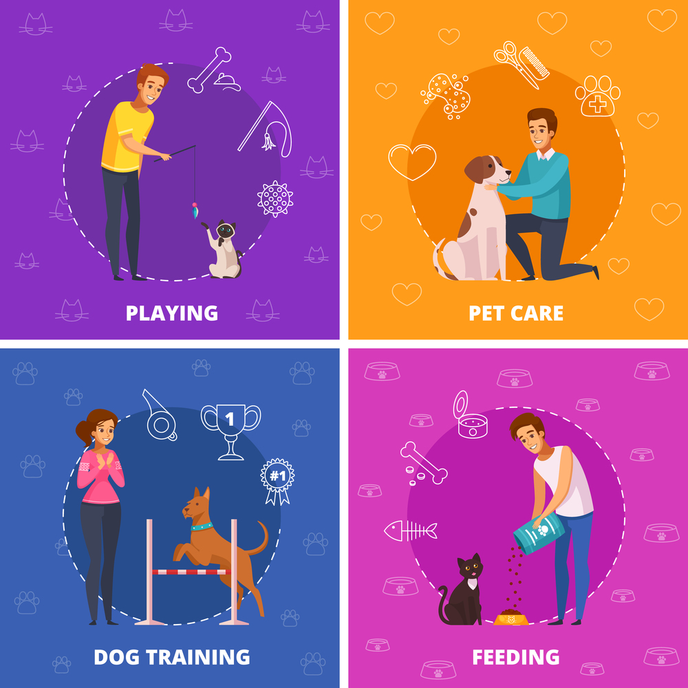 People with pets 2x2 design concept with pet care dog training playing and feeding square icons cartoon vector illustration . People With Pets 2x2 Cartoon Square Icons