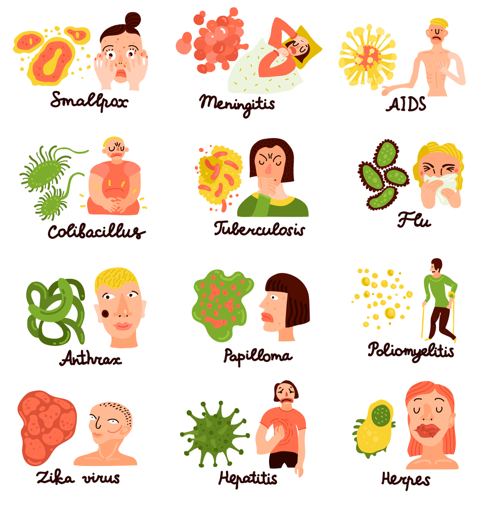 Human viruses and associated pathologie 12 flat icons collection with flu aids meningitis hepatitis isolated vector illustration . Human Viruses Flat Icons Collection