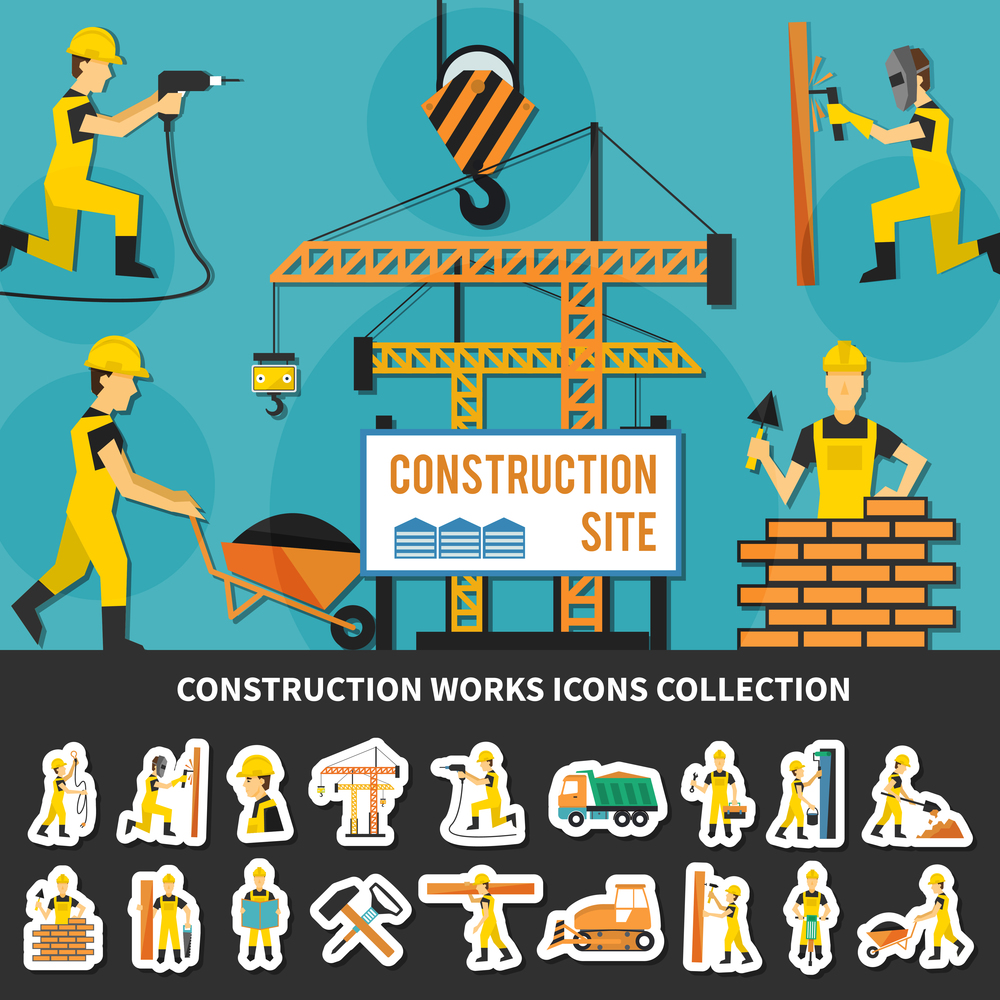Colored construction worker flat concept with icon set combined in construction site composition vector illustration. Construction Worker Flat Composition