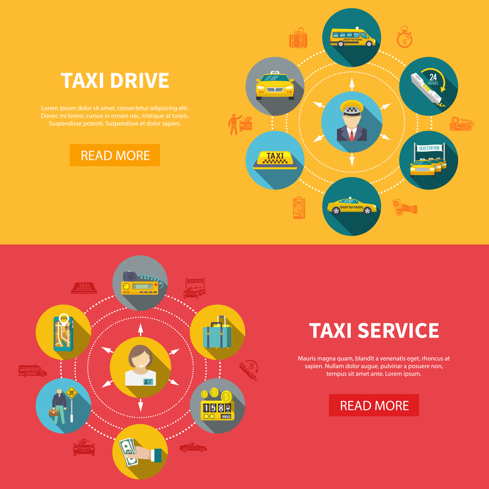 Set of two taxi horizontal banners with read more button text and round taxicab drive icons vector illustration. Taxi Company Horizontal Banners