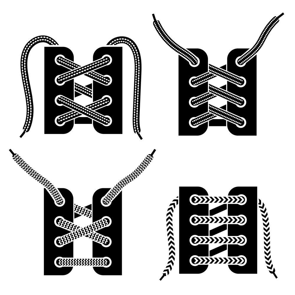 Criss-cross and trendy straight bar army boots shoe lacing 4 black icons set isolated vector illustration . Shoe Lacing Black Icons Set