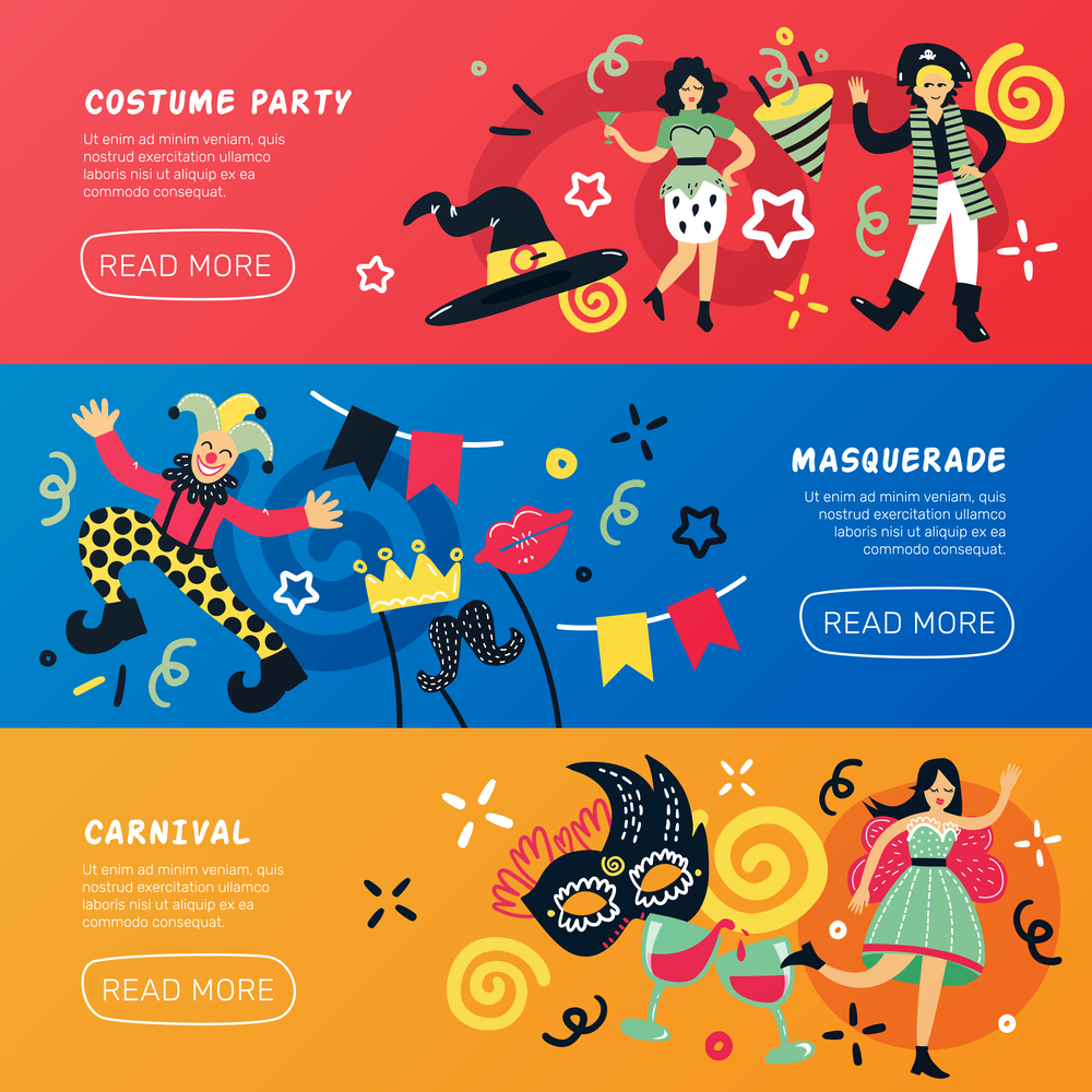 Costume party doodle banners collection with drawn style people characters decorations text and read more button vector illustration. Carnival Masquerade Horizontal Banners