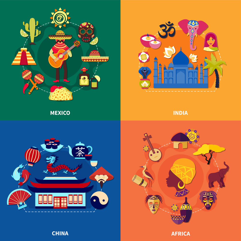 Travel to various countries 2x2 icons set with mexican indian chinese and african culture on colorful background flat isolated vector illustration. Travel To Countries Set
