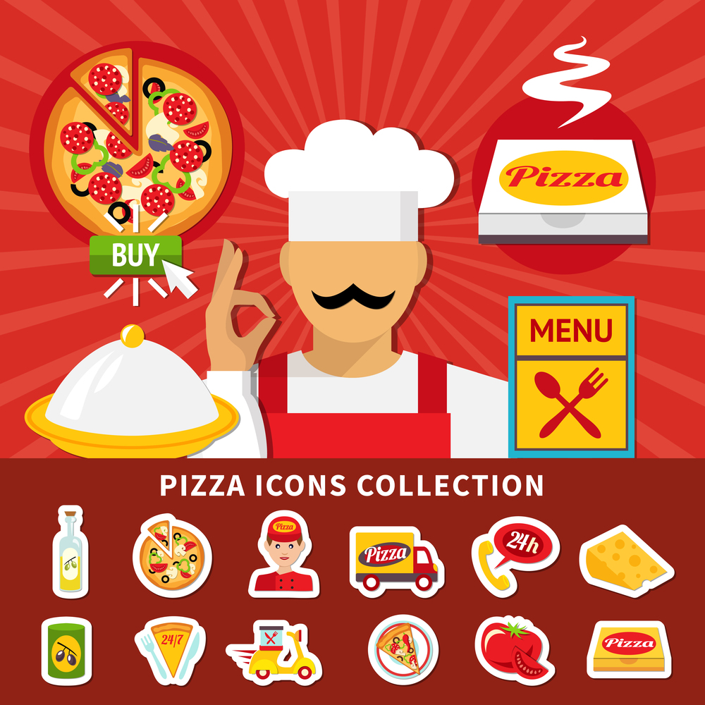 Pizza icon set with isolated emoji style images of pizzeria menu items with ingredients and cook vector illustration. Pizza Icons Emoji Collection
