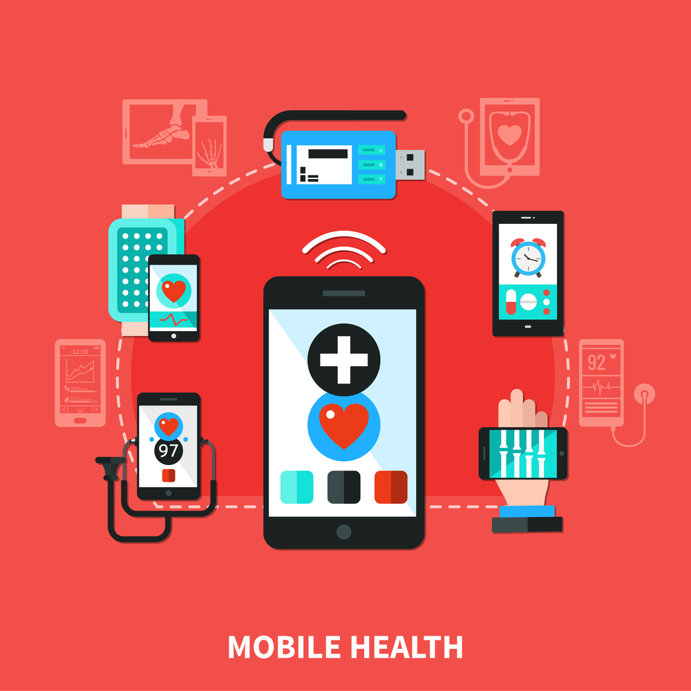 Digital health mobile wearable gadgets devices checking  heart rate and controlled by personal smartphone flat vector illustration. Digital Health Gadgets Flat Poster