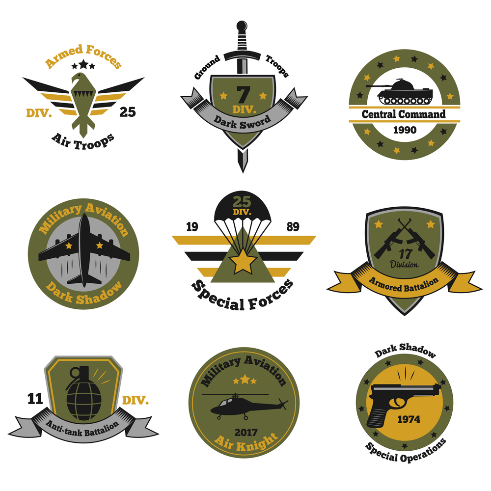 Military emblems color set of nine isolated images with decorative symbols text captions and arms inventory vector illustration. Service Insignia Emblem Collection