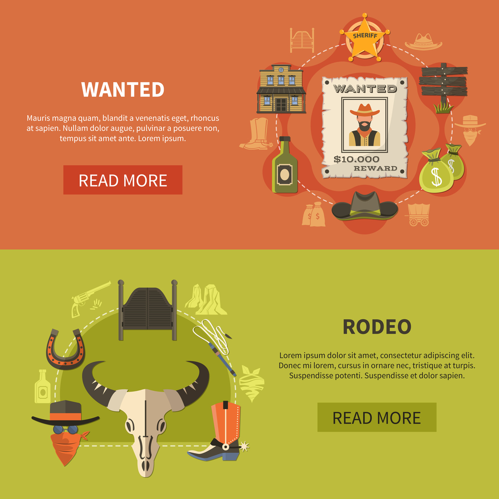Set of flat horizontal banners with wanted bandit poster, sheriffs attributes and rodeo elements isolated vector illustration . Wanted Bandit And Rodeo Banners