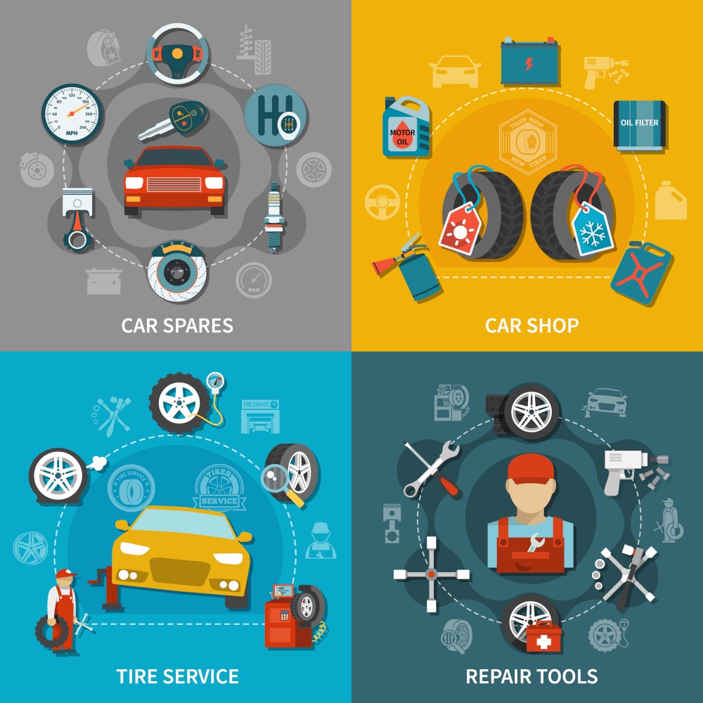Flat design tire service equipment car spares and shop items 2x2 set on colorful background isolated vector illustration. Tire Service 2x2 Set