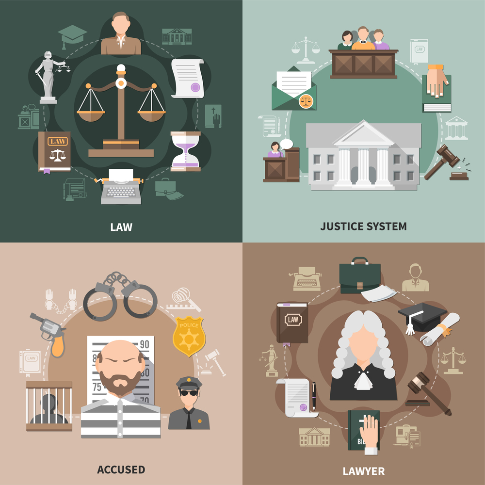 Law design concept with round compositions of flat crime and justice related icons with human characters vector illustration. Public Justice Design Concept