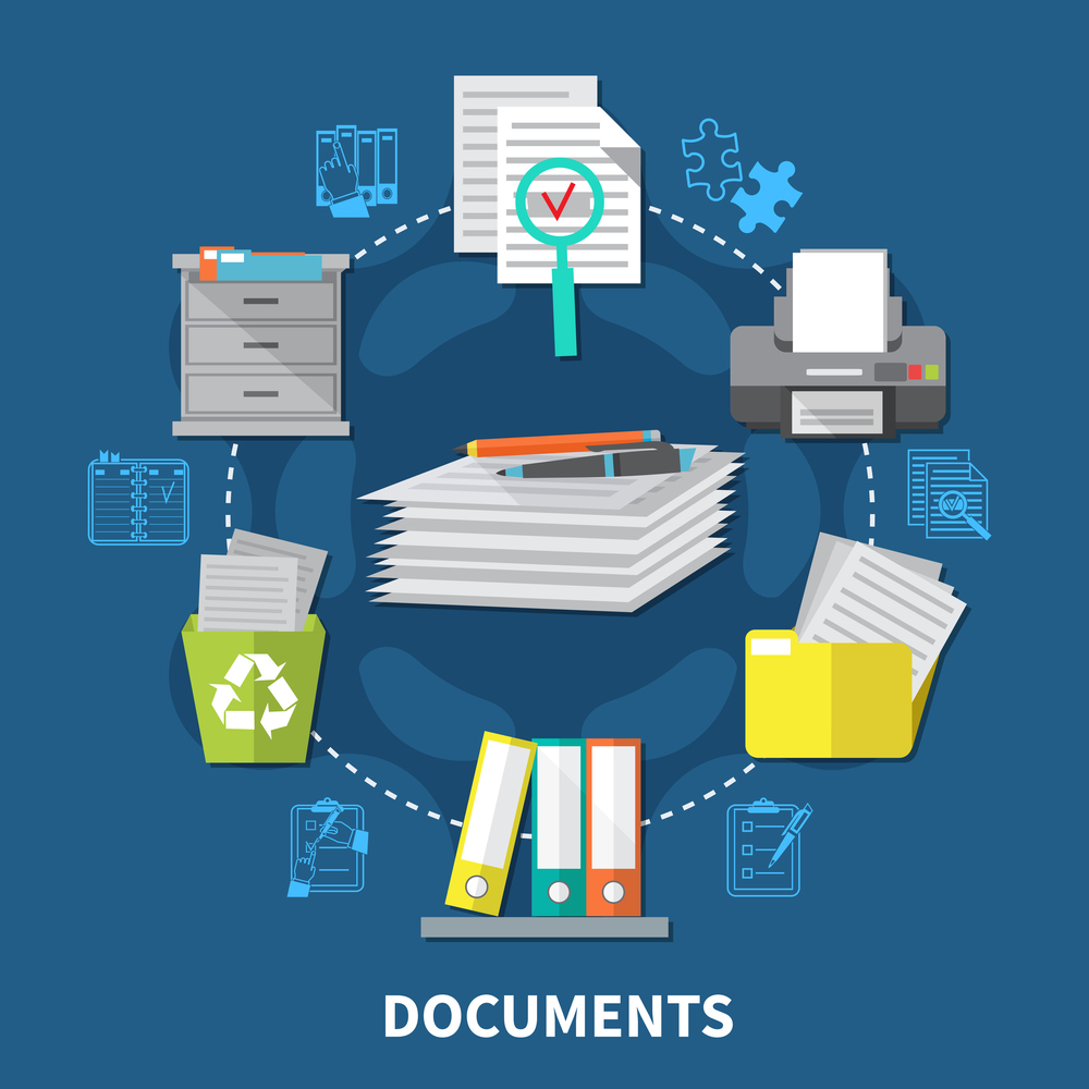 Business items composition with workflow and stacks of paper in the workplace vector illustration. Business Items Composition