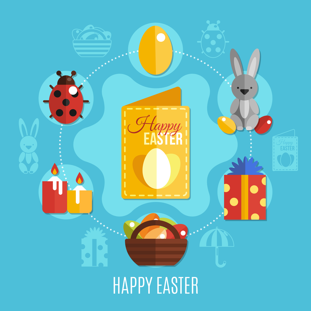 Spring easter concept with cute rabbit colorful eggs ladybug and candles on blue background flat vector illustration. Spring Easter Flat Concept