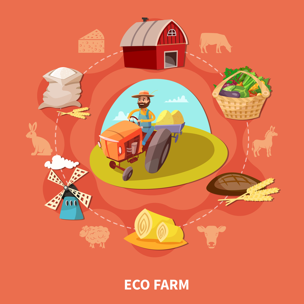 Farm cartoon colored composition with eco farm headline and different elements on the theme combined in circle vector illustration. Farm Cartoon Colored Composition