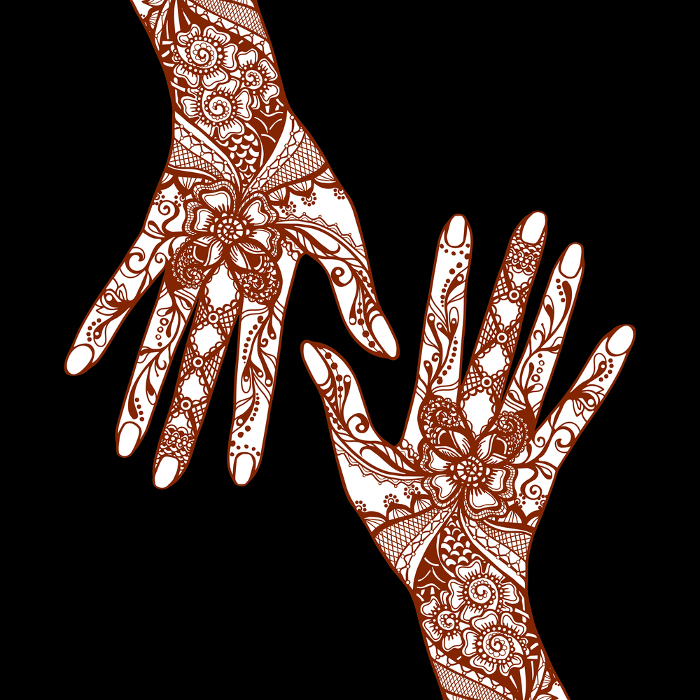 Female hands covered with traditional indian mehendi henna tattoo ornaments on black background vector illustration. Mehendi Hands On Black Background