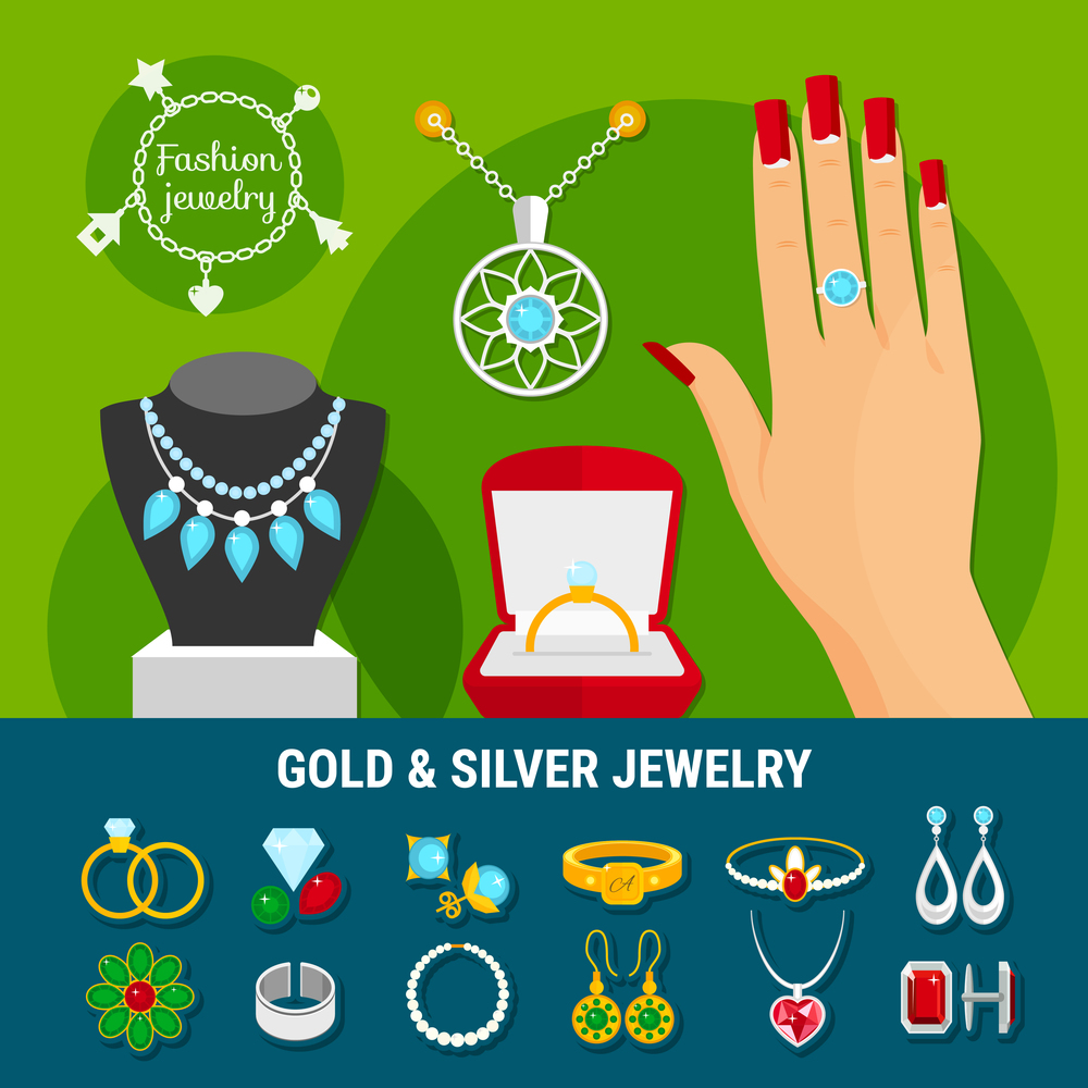 Collection of jewelry icons with fashion gold and silver rings, earrings, brooch, studs, bangles isolated vector illustration. Jewelry Icons Collection
