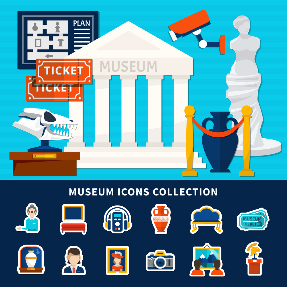 Museum icons collection of antique exposure caretaker ticket artworks  museum building with title and columns flat vector illustration. Museum Icons Collection