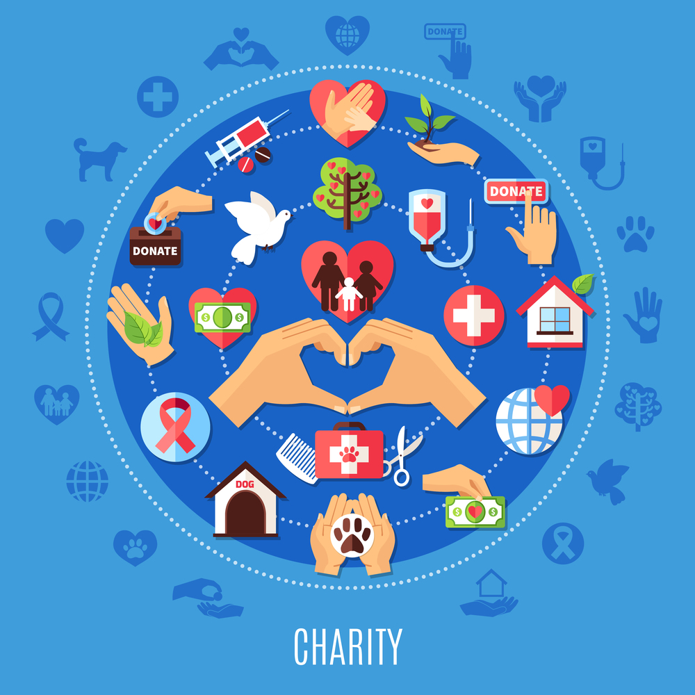 Charity round composition with set of isolated emoji style donation icons and decorative symbols with silhouettes vector illustration. Charity Icons Round Composition