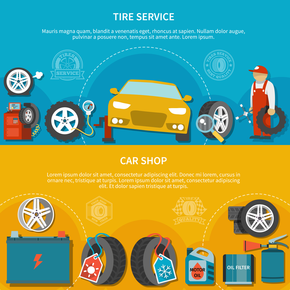 Colorful set of two horizontal banners with car shop and mechanic repairing vehicle at tire service flat isolated vector illustration. Tire Service Banners