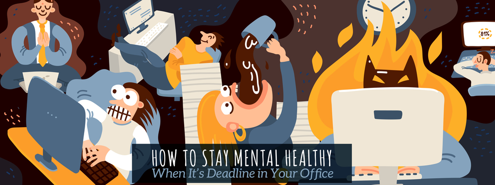 Office work and deadline poster with mental health symbols flat vector illustration. Office Work Illustration