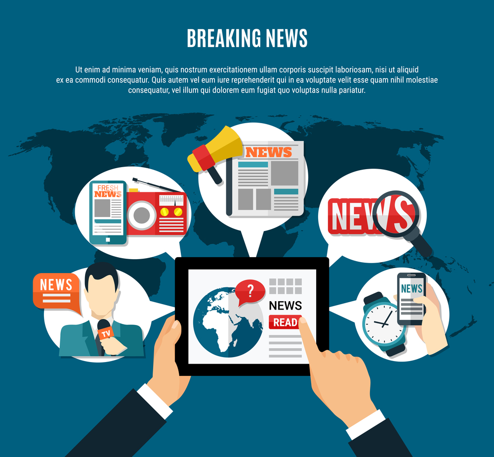 Breaking news background with fresh  information on tablet screen tv anchor newspaper and radio receiver round icons flat vector illustration. Breaking News Background