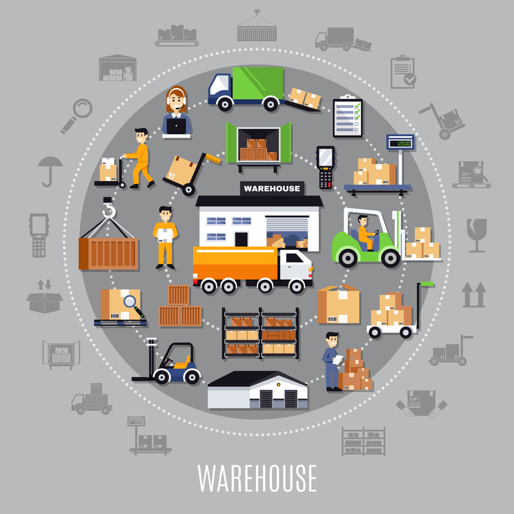 Warehouse round composition with storage building, staff, shelves with goods, transportation, inventory process, grey background vector illustration. Warehouse Round Composition