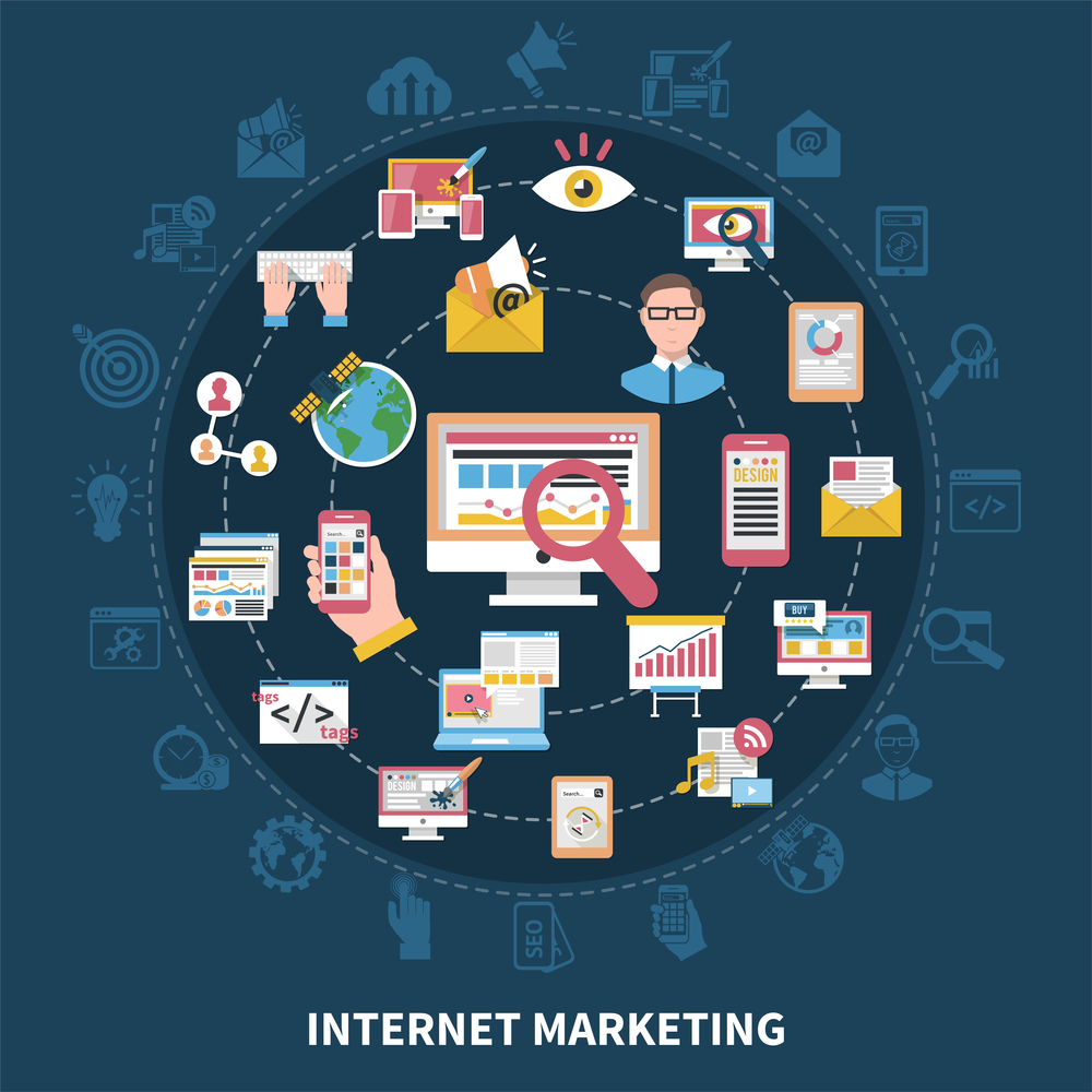 Internet marketing round composition on dark blue background with seo, advertising, graphic design, social networks vector illustration. Internet Marketing Round Composition