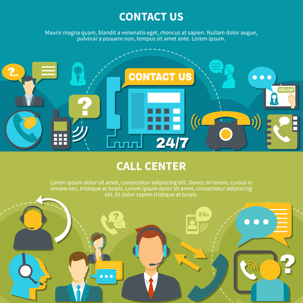 Horizontal banners with call center and contact us isolated on turquoise and green background vector illustration. Call Center Horizontal Banners