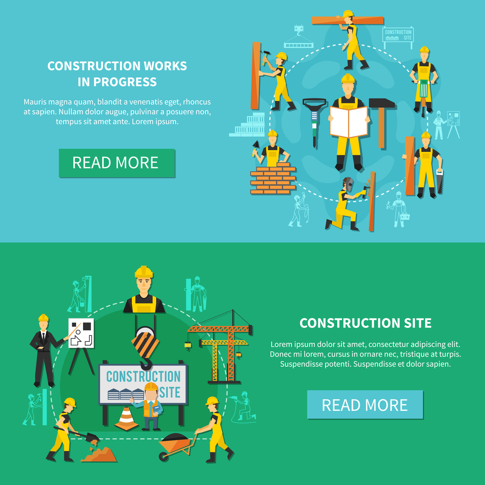 Light blue and green construction worker flat banner set with construction site and works in progress descriptions vector illustration. Construction Worker Flat Banner Set