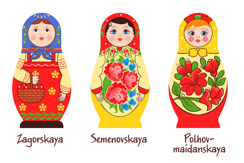 Russian traditional matryoshka set of three isolated images with different stacked dolls with different colouring artworks vector illustration. Russian Matryoshka Styles Collection
