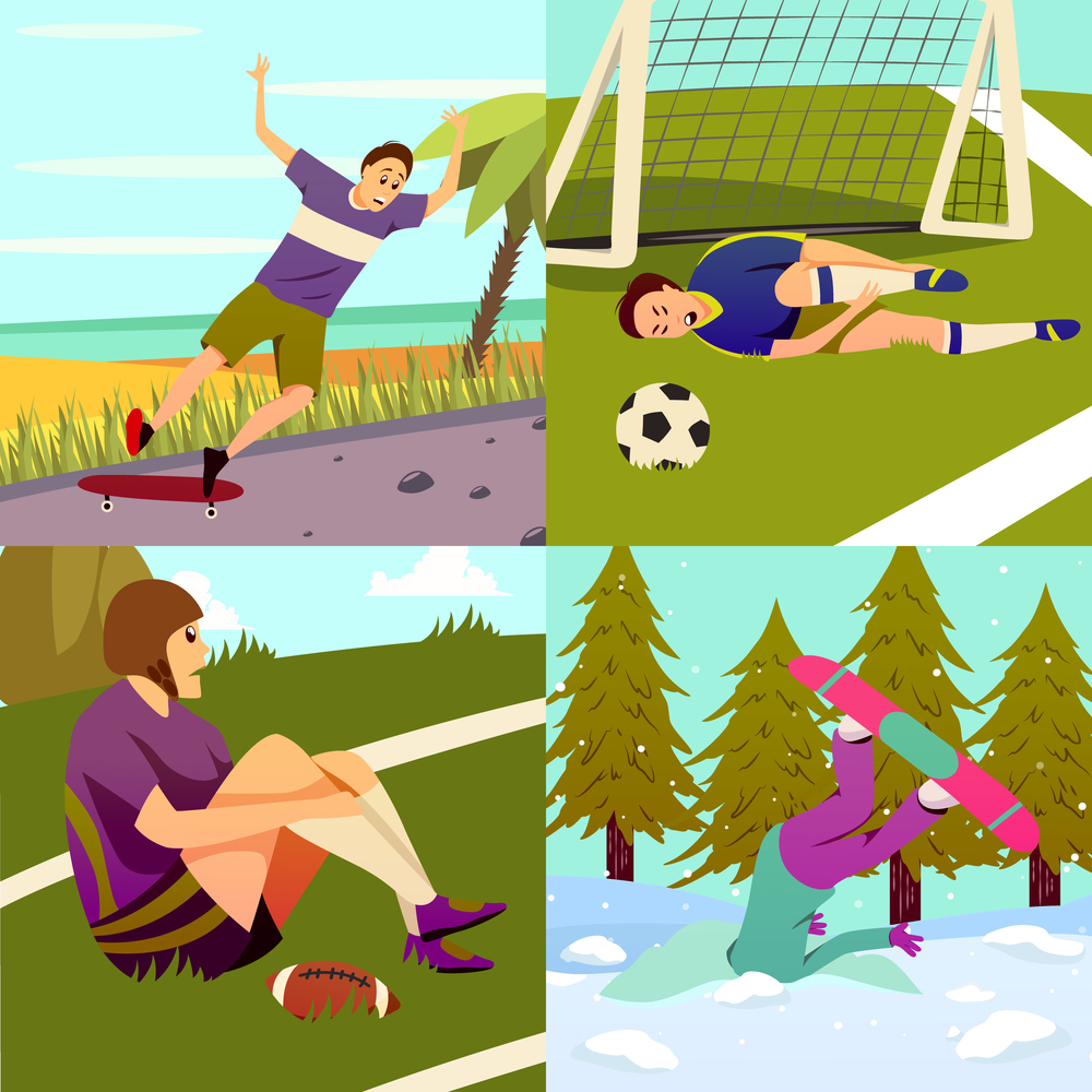 Sport injury flat colorful 2x2 design concept set of square compositions with different kinds of sport vector illustration. Sport Injuries Design Concept