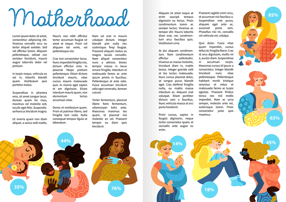 Motherhood hand drawn infographics, book pages, including loving women with little babies in various activities, vector illustration. Motherhood Hand Drawn Infographics