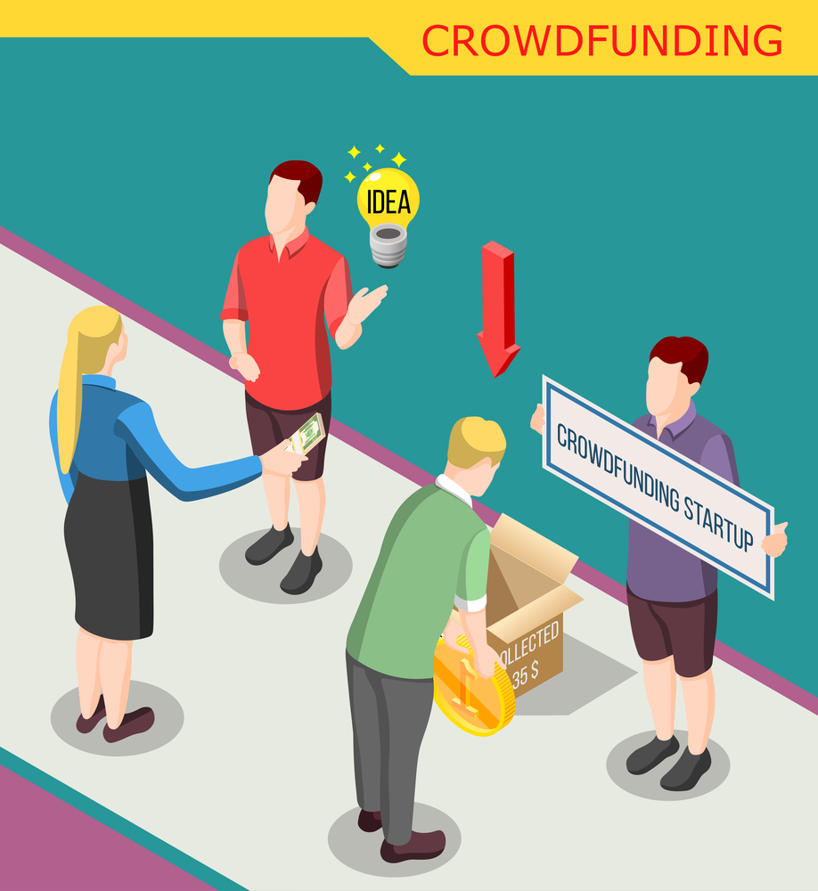 Collect money for crowdfunding startup isometric background with creative idea, persons giving coins vector illustration. Collect Money Crowdfunding Isometric Background