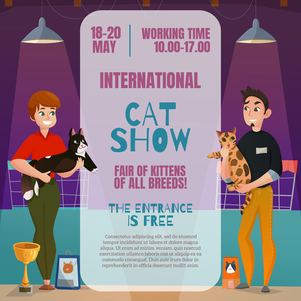 International all breeds cat show announcement poster with dates time place and 2 participants cartoon vector illustration . Cat Show Announcement Poster