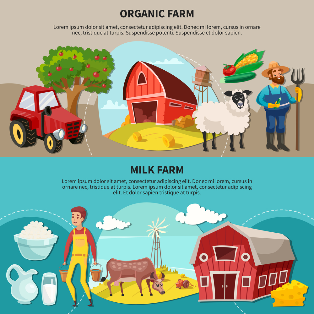 Two horizontal farm cartoon composition set with organic and milk farm headlines vector illustration. Farm Cartoon Composition Set