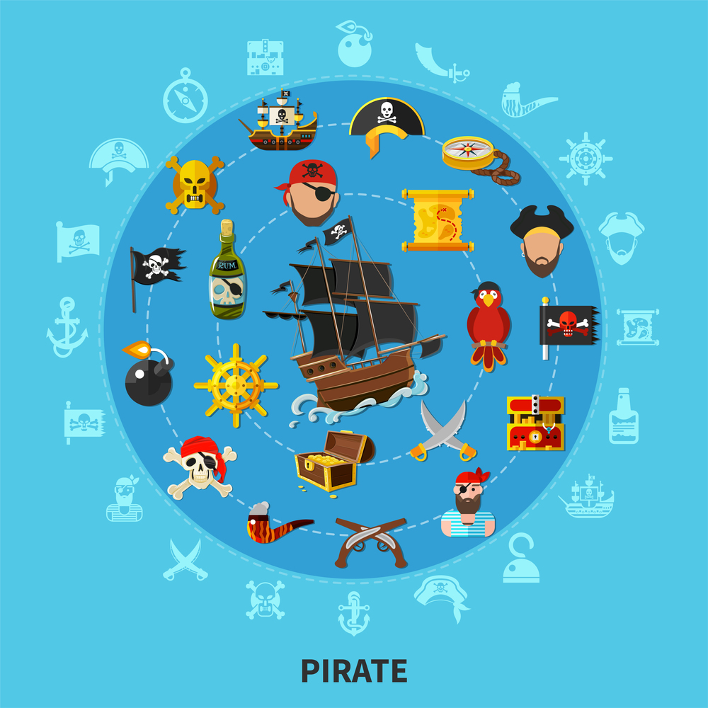 Pirate attributes including sail ship, weapon, treasure, map, parrot, round cartoon composition on blue background vector illustration. Pirate Attributes Cartoon Composition