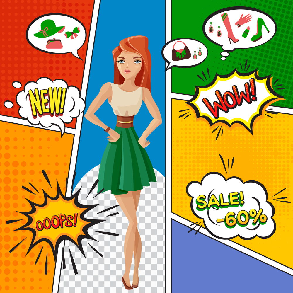 Comic book page with pretty woman, sale of female products, expression of emotions in bubbles vector illustration. Female Products Comic Book Page