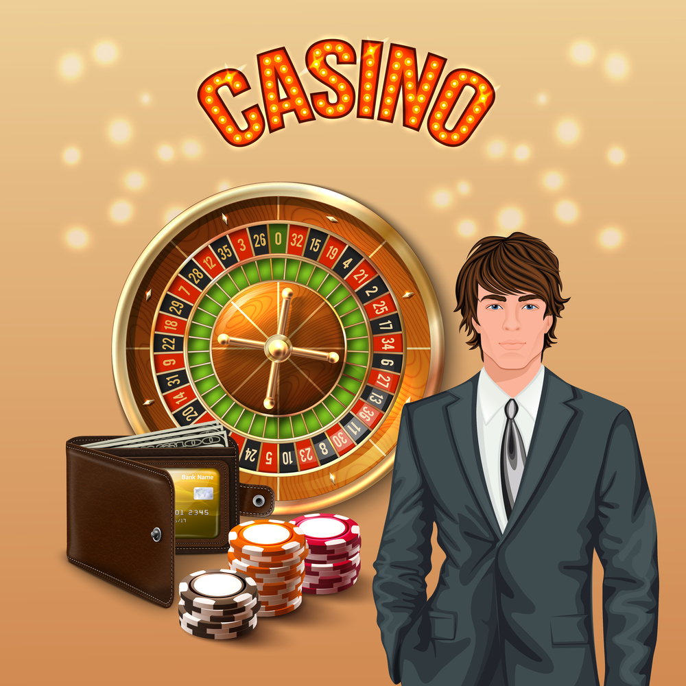 Man in casino realistic composition with big orange glowing casino headline and lucky gamer vector illustration. Man In Casino Realistic Composition