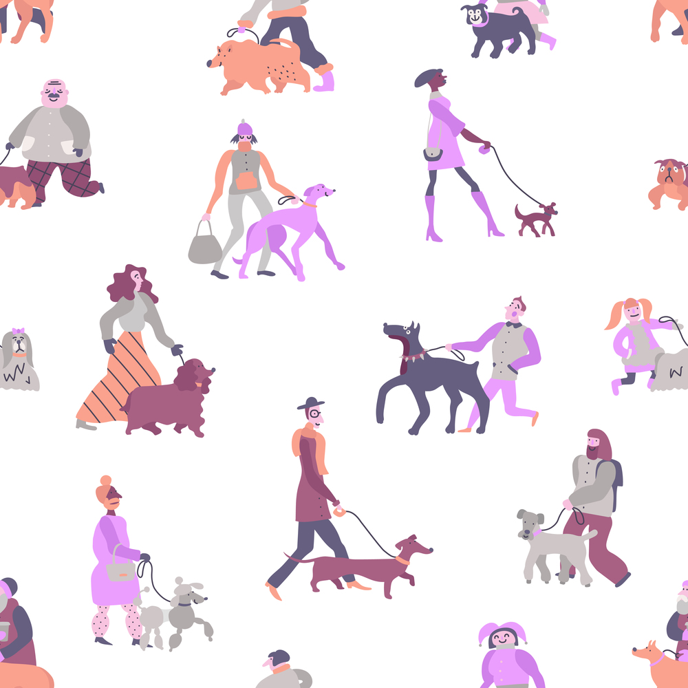 Dog owners with pets including poodle, terrier, greyhound and dachshund  seamless pattern on white background vector illustration. Dog Owners Seamless Pattern