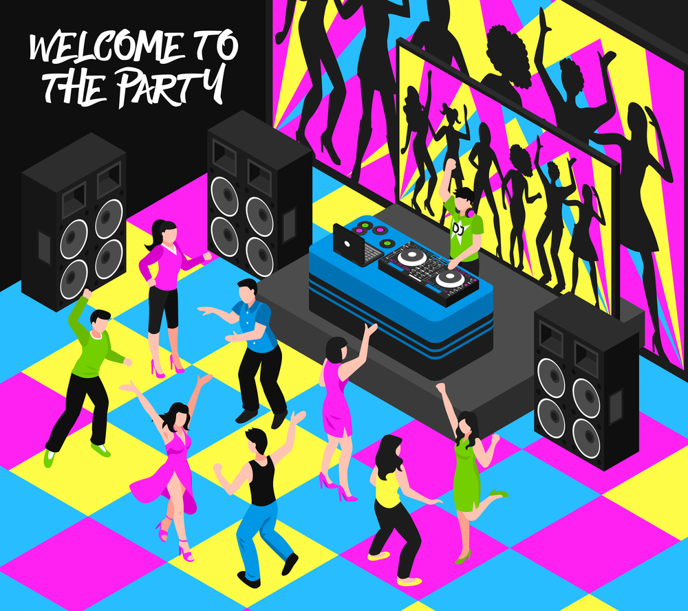 Dj and party composition with entertainment nightlife and music symbols isometric vector illustration. Dj And Party Isometric Illustration