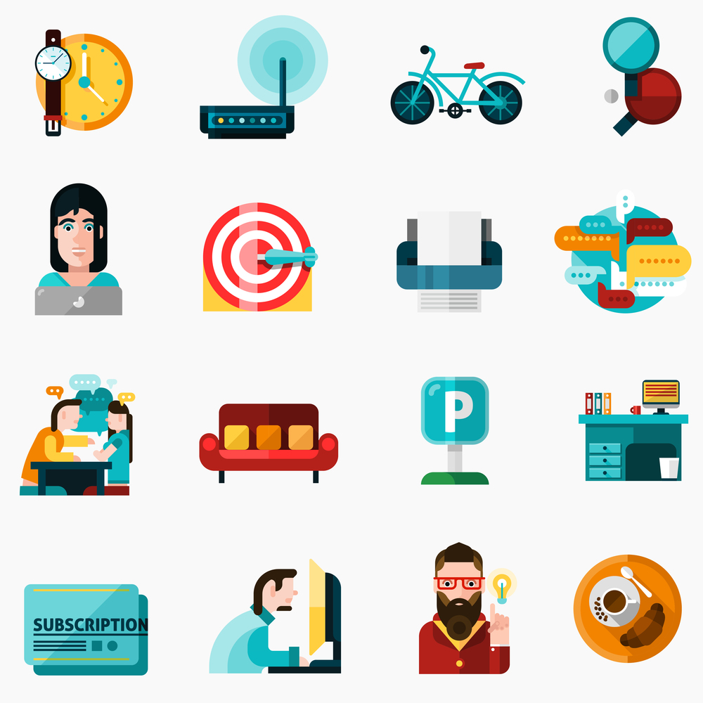 Coworking icons set with time and idea symbols flat isolated vector illustration .  Coworking Icons Set