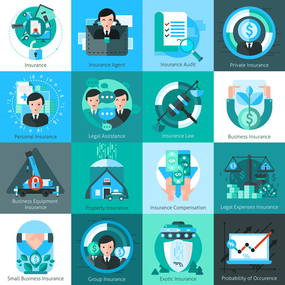 Business insurance icons set with insurance agent and audit symbols flat isolated vector illustration . Business Insurance Icons Set