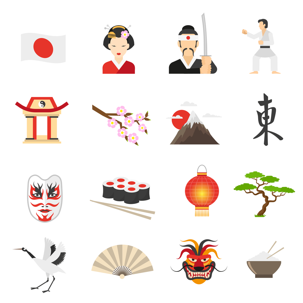 Japan icons set with sushi mountains and dragon symbols flat isolated vector illustration . Japan Icons Set