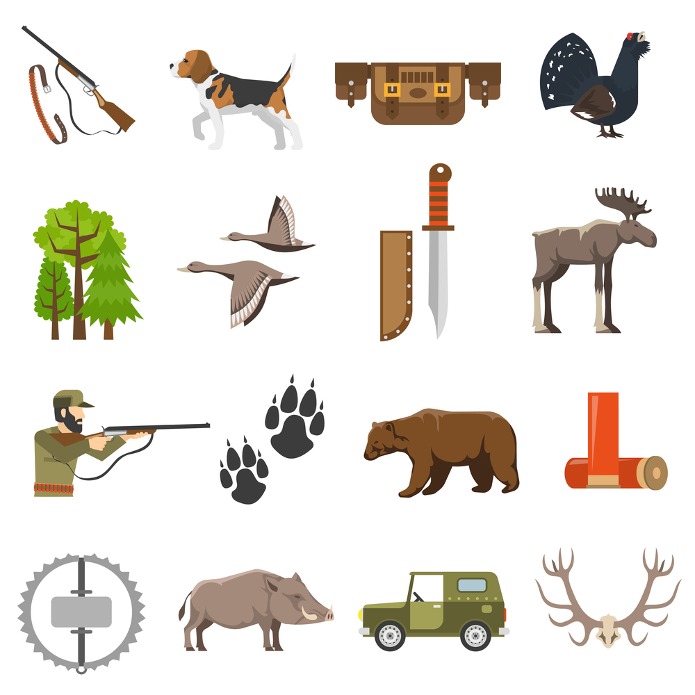 Flat color hunting icons set of wild animals and birds hunter with rifle jeep and bandolier isolated vector illustration  . Flat Color Hunting Icons